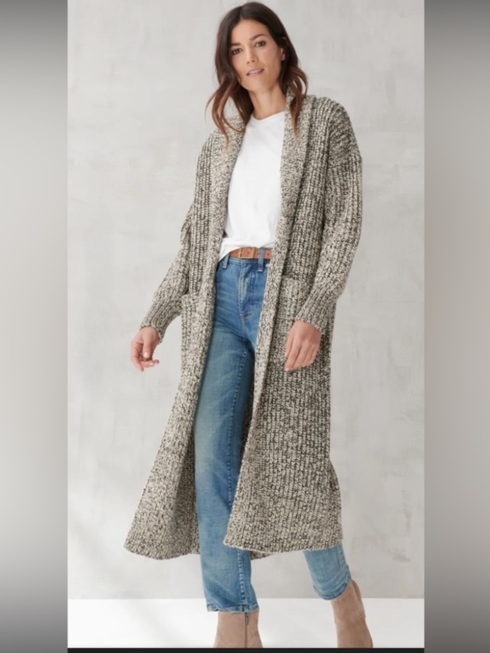 Lucky Brand Marled Black and Cream Knit long Cardigan women M